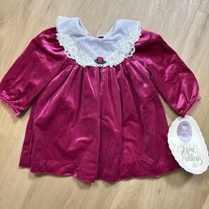 NEW Rare Editions Pink Velvet Dress 12 Mos Smocked Lace Collar Long Sleeve